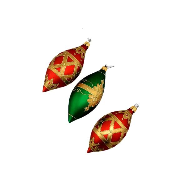 Vintage Dept 56 Teardrop Christmas Ornaments Green/Red & Mercury Glittered Gold - Picture 1 of 7